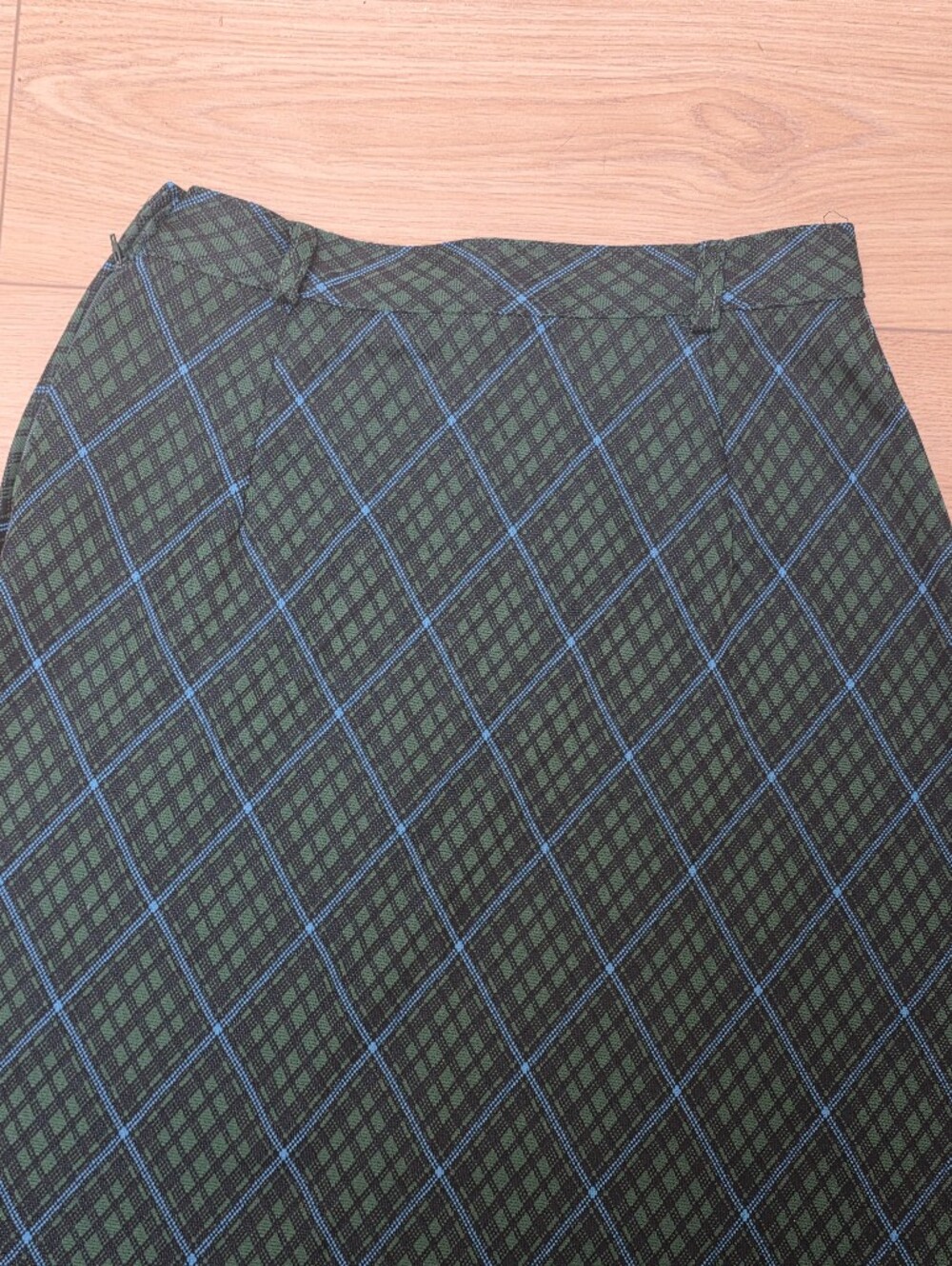 Vintage Green & Blue Geometric Windowpane Knit Maxi A-Line Skirt Sz Med side zip - Picture 12 of 12